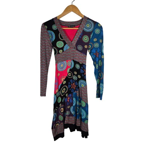 Vtg Mechant Small Mixed Print Midi Dress Lagenlook Boho Funky Artsy Art to Wear - Picture 1 of 7